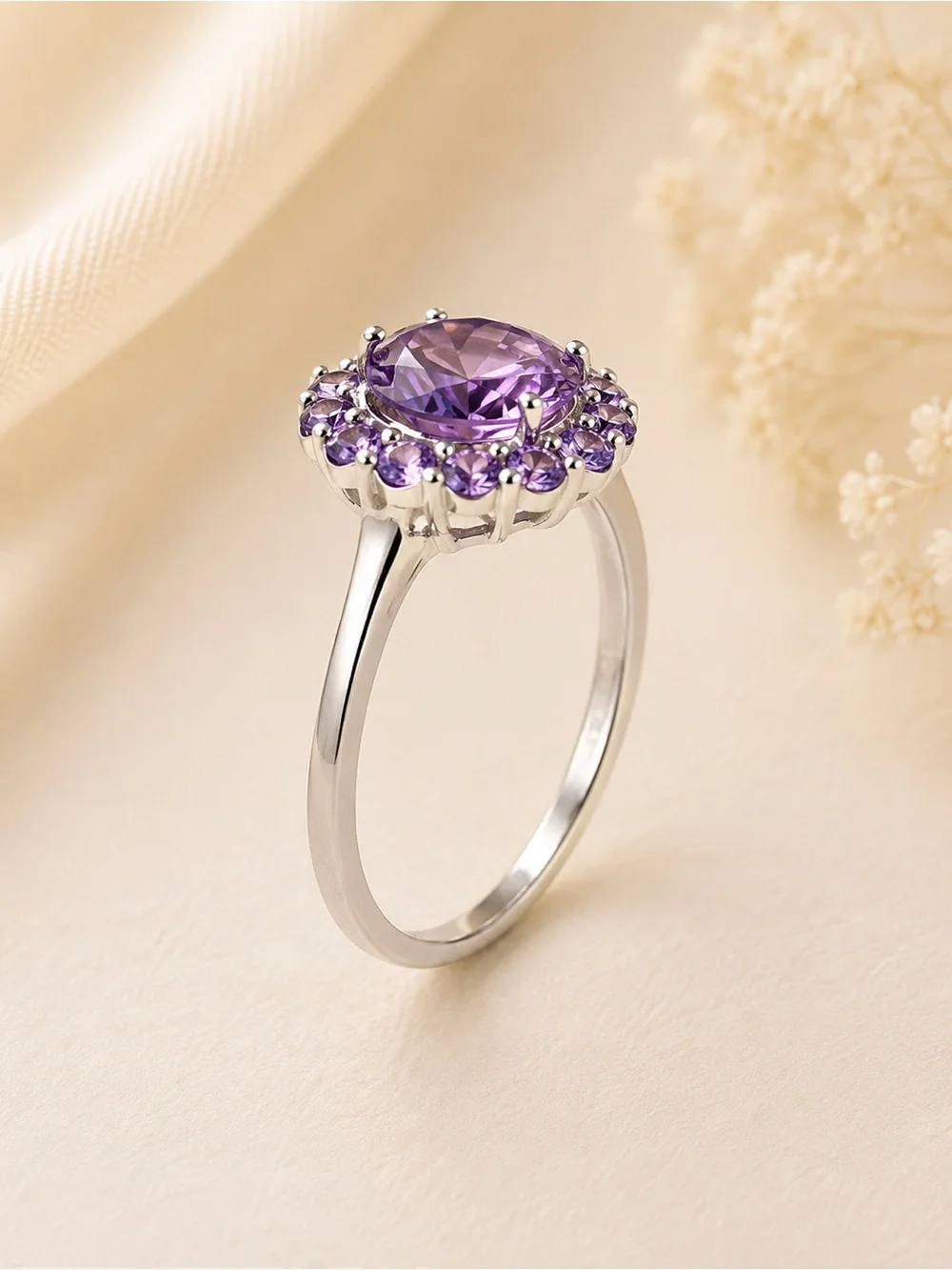 Amethyst Simulated Diamond Halo Ring 925 Sterling Silver Purple Gemstone